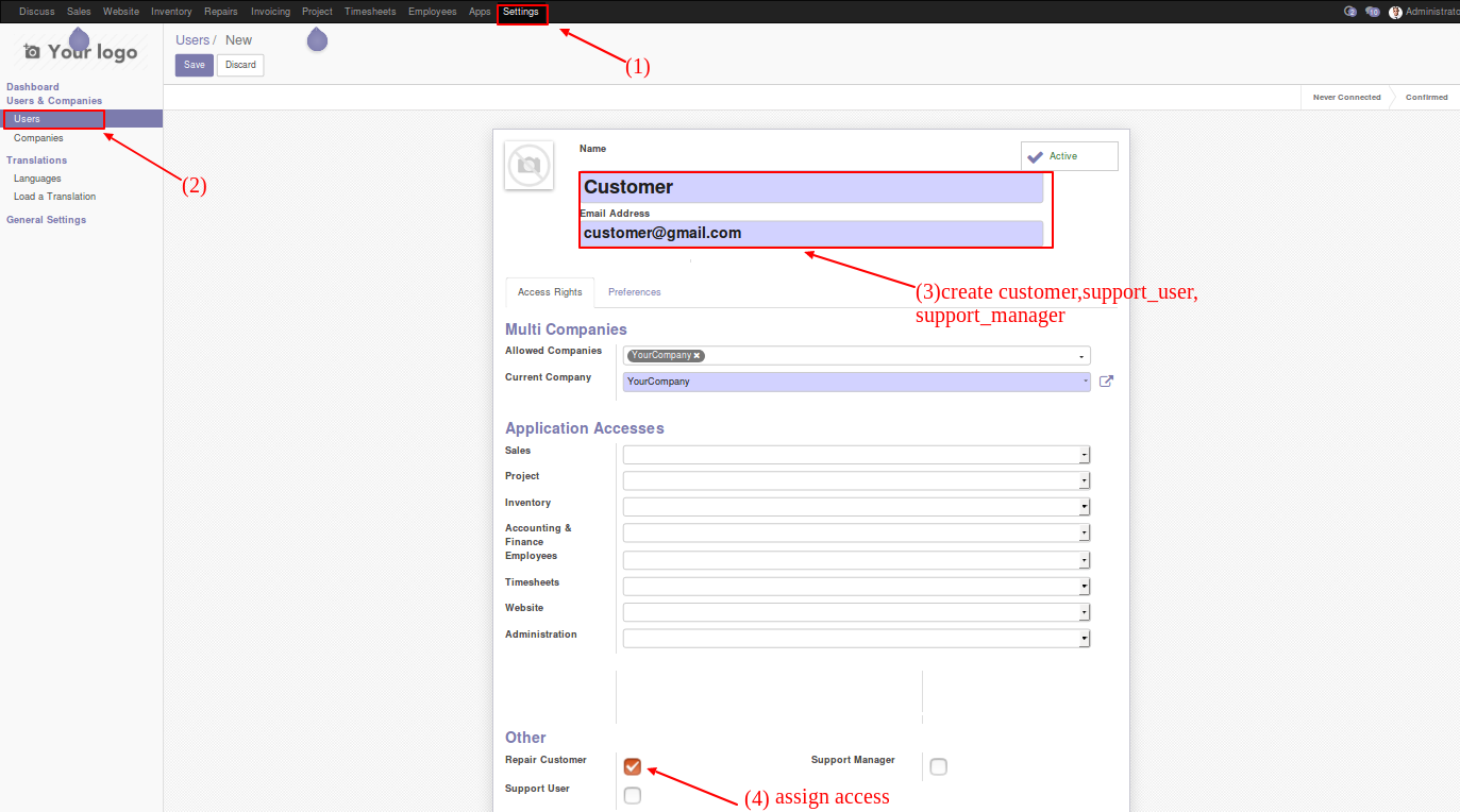 Odoo machine repairs management - setting customers