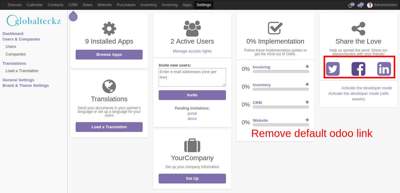 9 Removing Odoo Social media icon link