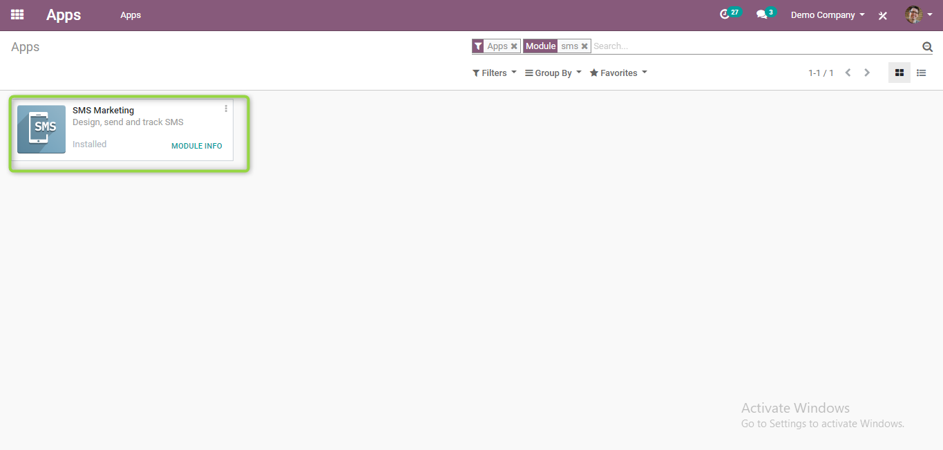 sms marketing module installation in Odoo