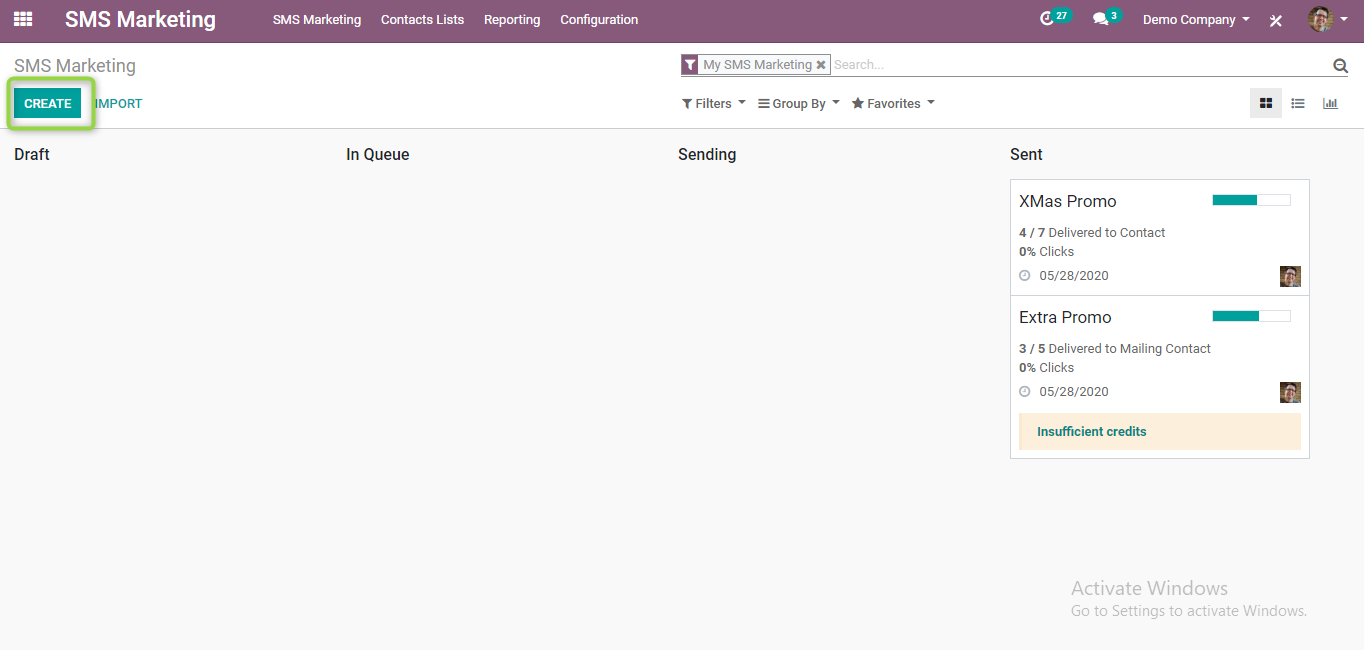 odoo sms marketing module dashboards