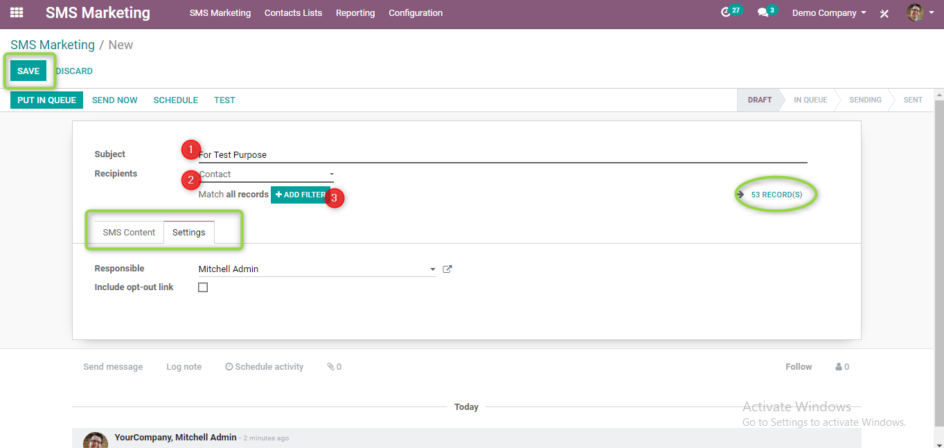 sms markting module creating new campaign