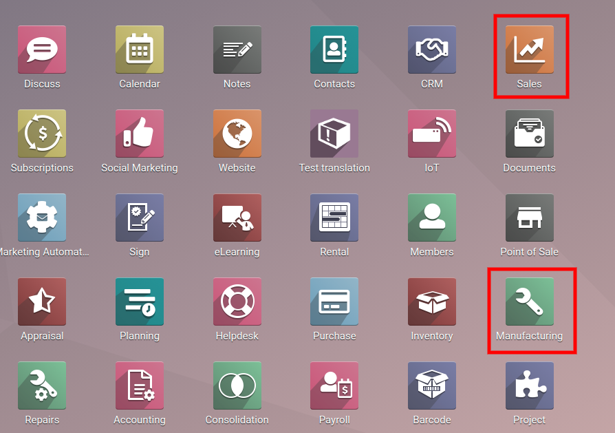 Creating Manufacturing Order from Sales Order in Odoo ERP main menu