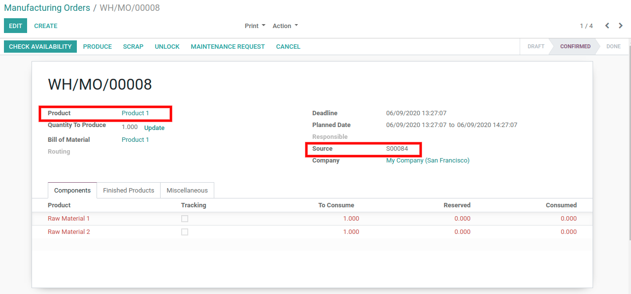 Creating Manufacturing Order from Sales Order in Odoo ERP check availablity