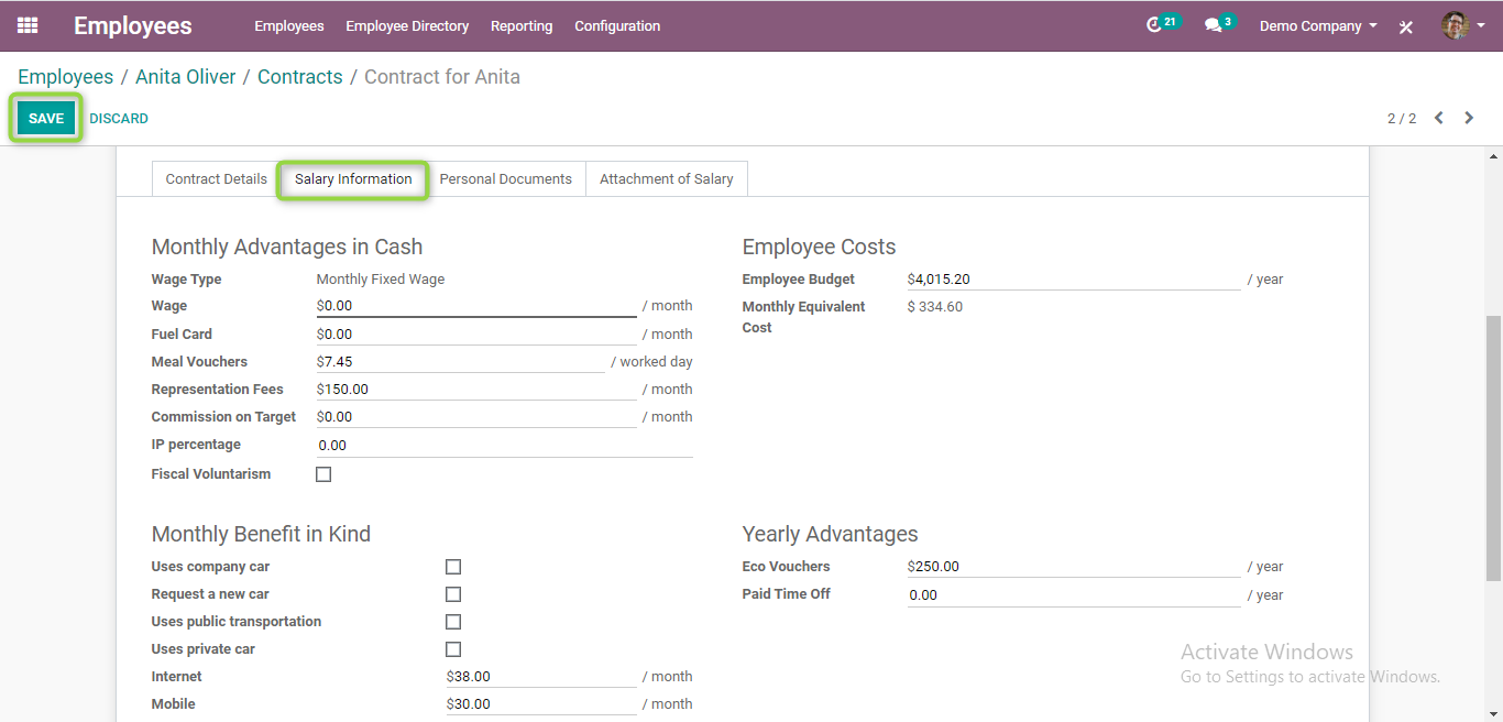 salary information and configuration in odoo