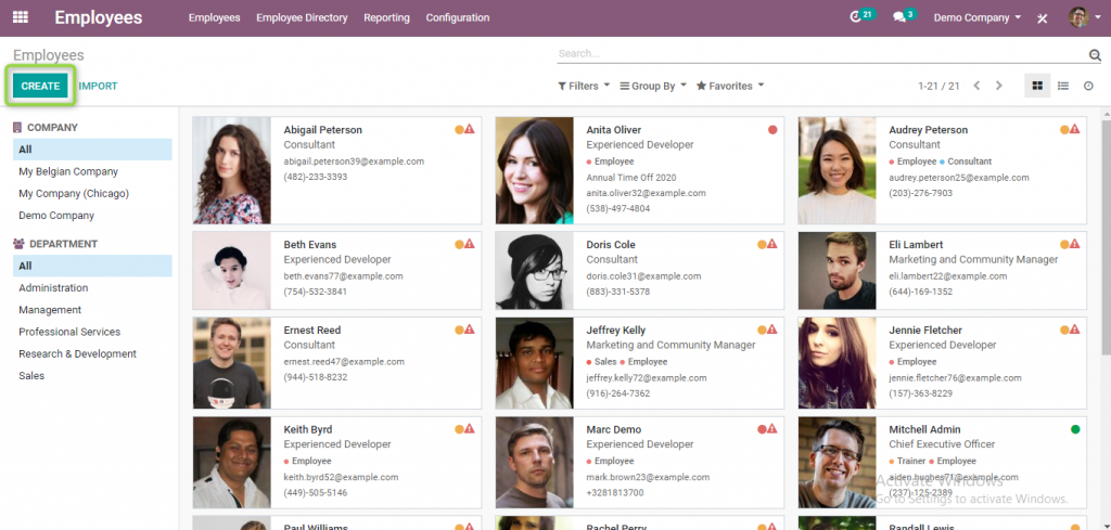 creating employees in odoo