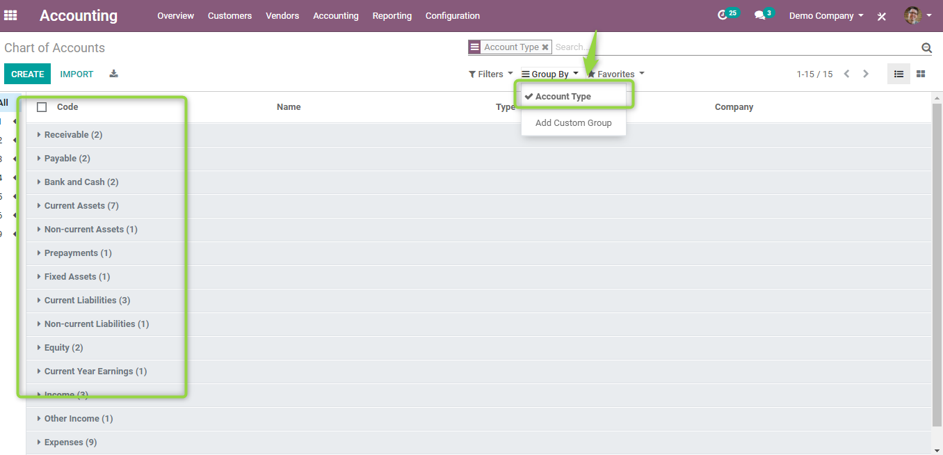 Odoo chart of accounts configuration