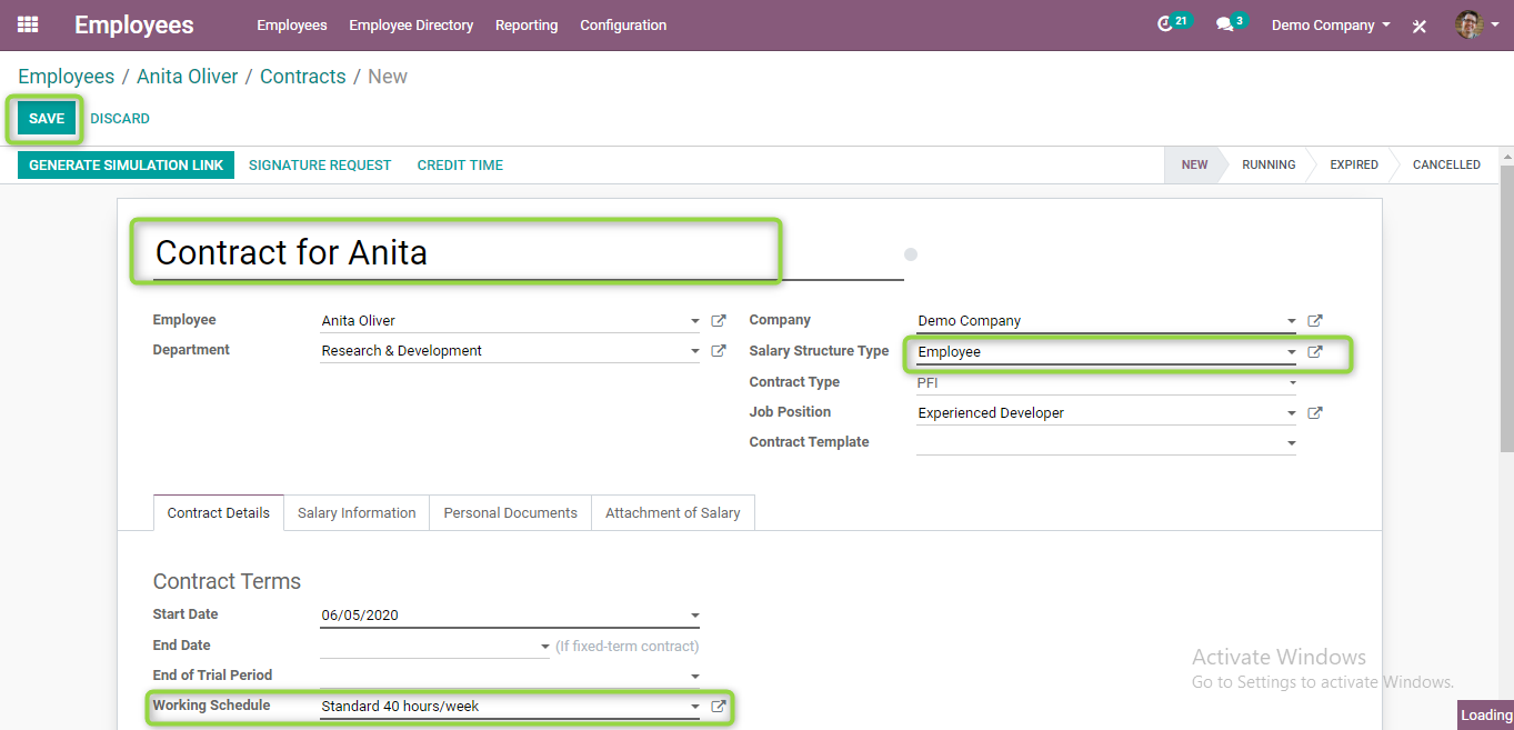 saving employee contract in odoo