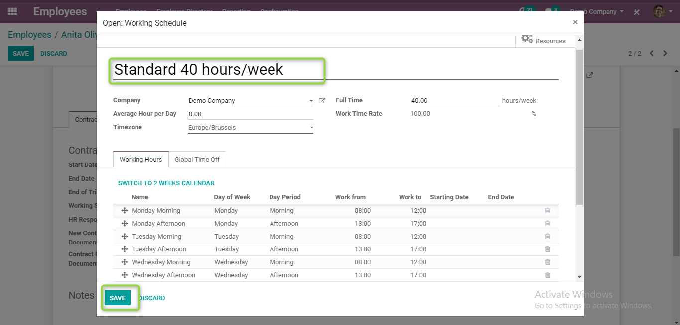 working schedules configuration in Odoo