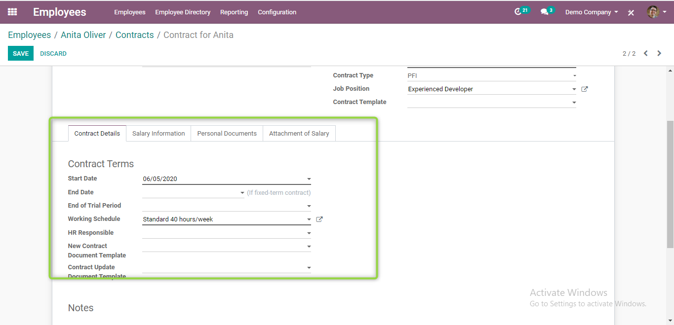 odoo employee contract details management