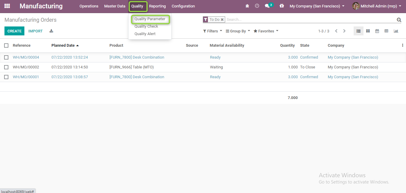 quality menu in odoo manufacturing