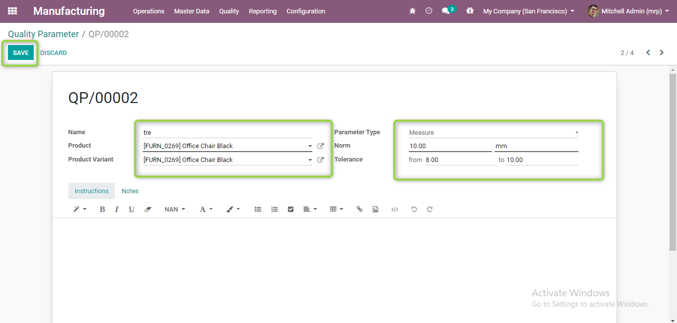 assigning quality parameters in odoo