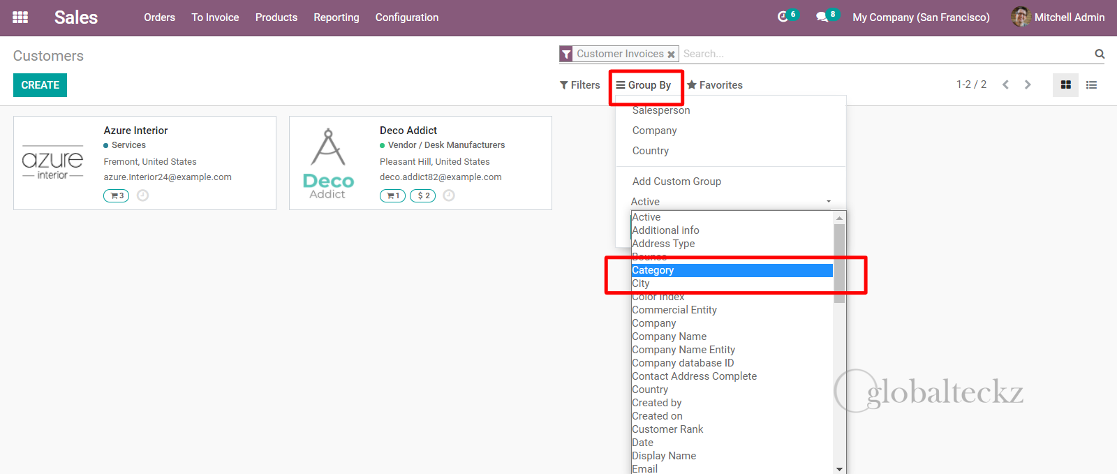 Sales Customer grouped by Category in Kanban View