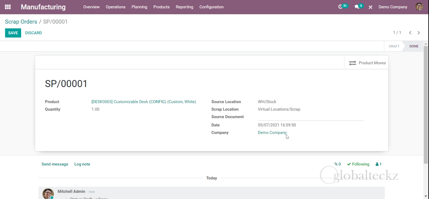 after validating the scrap orders the status change