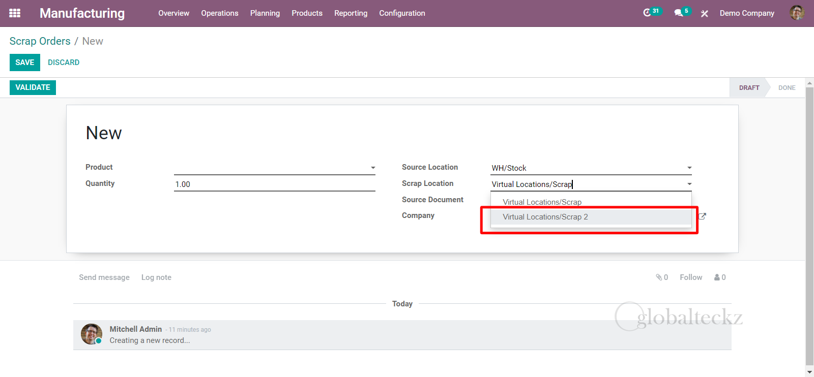 newly created scrap location in odoo