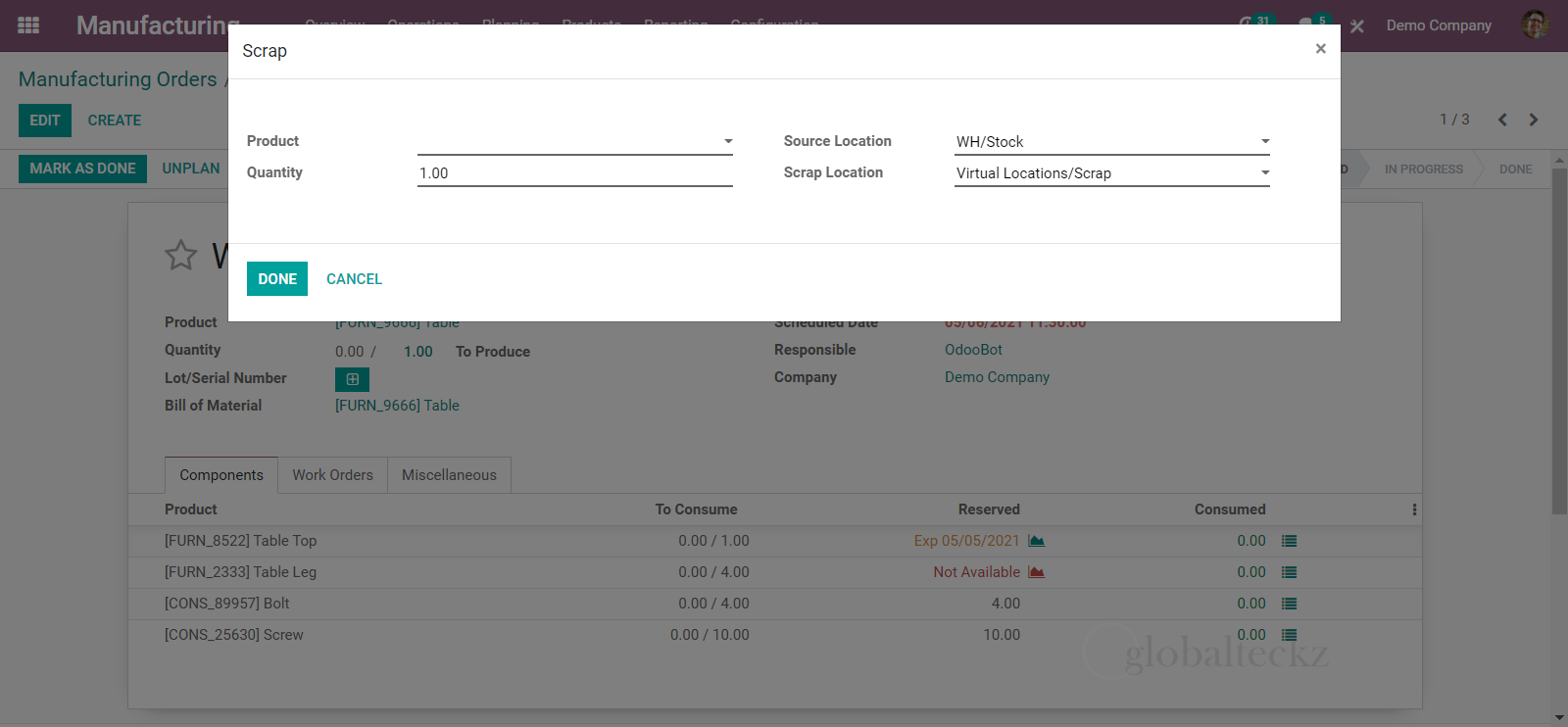 scrap button in odoo