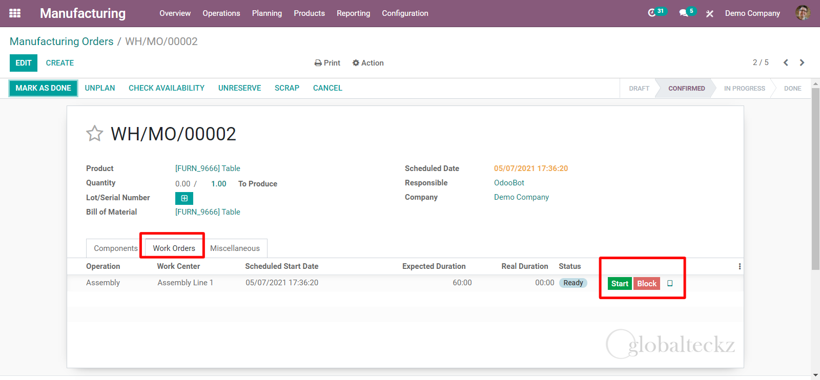 work order tab in Manufacturing