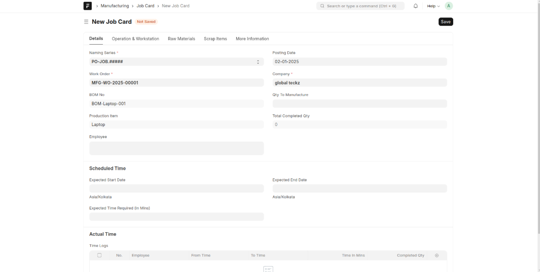 ERPNEXT Jobcards - create job cards for individual tasks or processes within a work order.